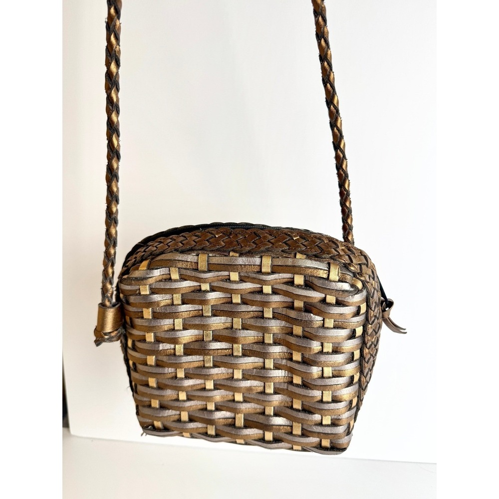 Franco Sarto Woven Leather Crossbody Bag Bronze Braided Strap Vintage